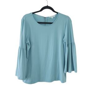 Downeast Womens Blue Blouse Shirt Small Bell Sleeves Soft Stretchy Top